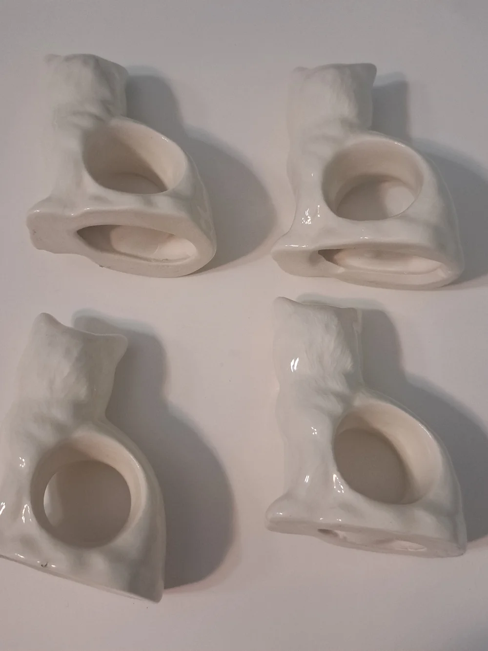 Vintage White Ceramic Porcelain Cat Napkin Rings - Set of 4 One Has Small Chip.